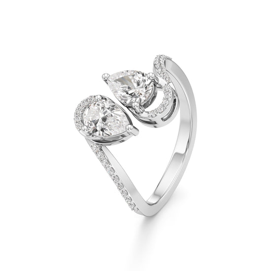 Two Pear Diamond Bypass Ring with Halo Accent