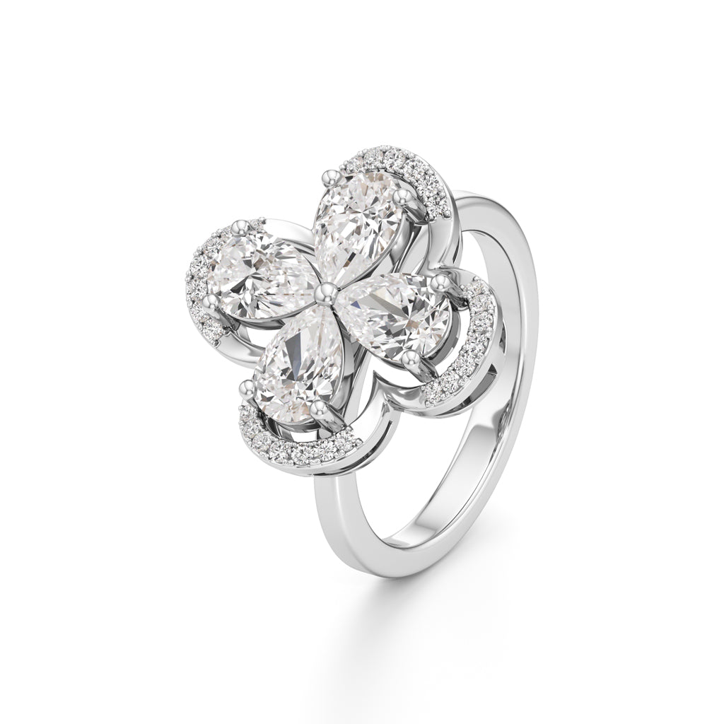 Pear Diamond Clover Ring with Halo