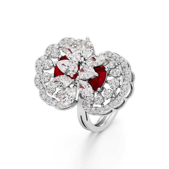 Royal Bloom Diamond  Ruby Cluster Ring