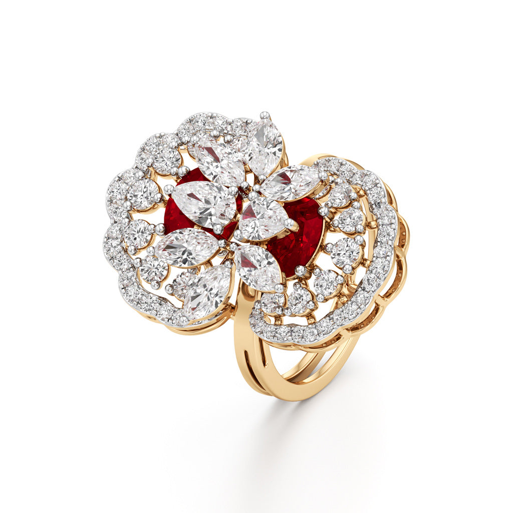 Royal Bloom Diamond  Ruby Cluster Ring