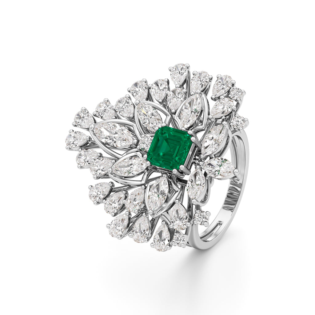 Emerald Radiance Fan-Cut Statement Ring