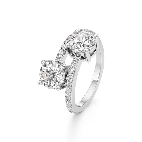 TwoStone Round Diamond Bypass Ring with Diamond Line