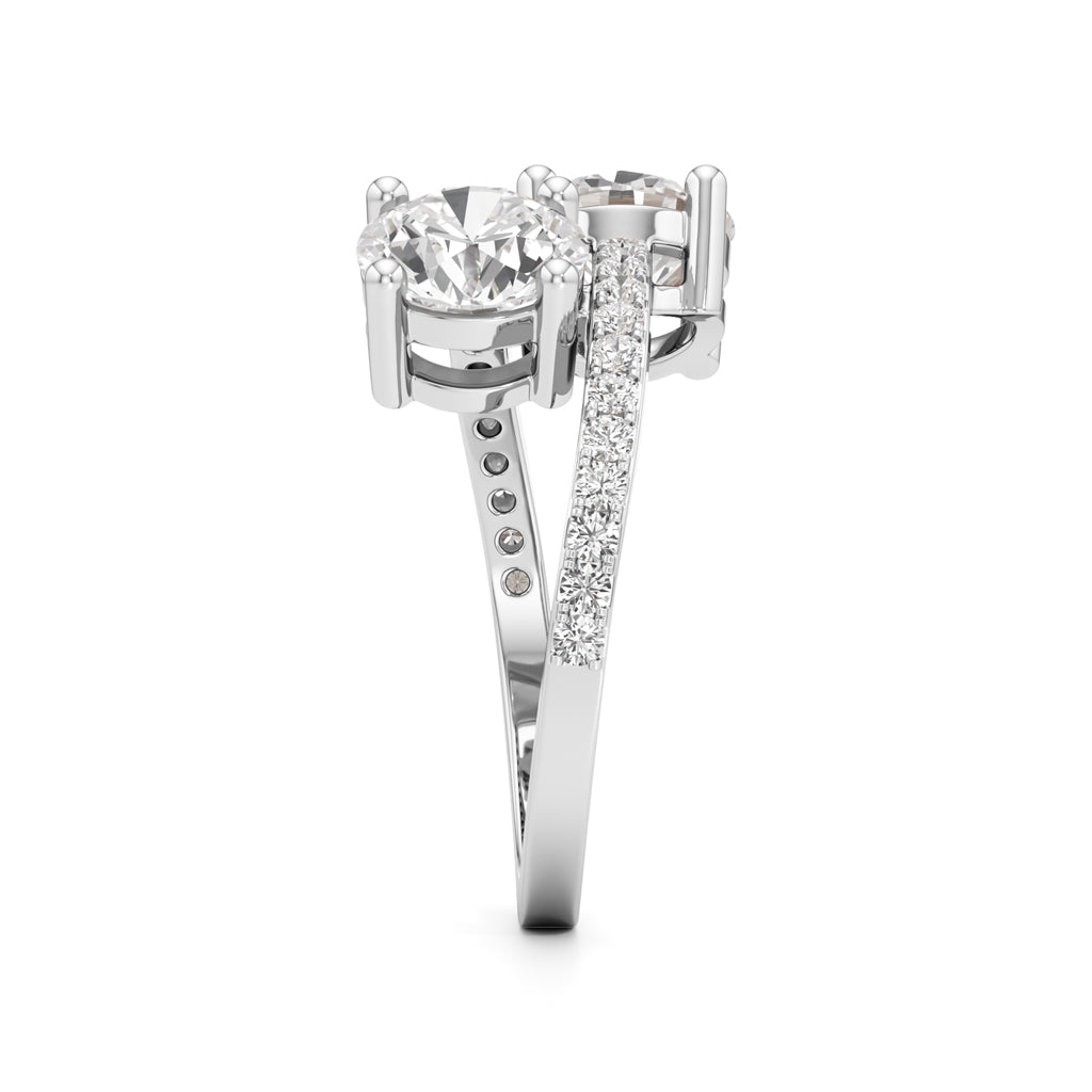 TwoStone Round Diamond Bypass Ring with Diamond Line