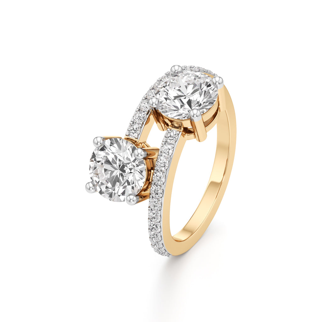 Two-Stone Round Diamond Bypass Ring with Diamond Line