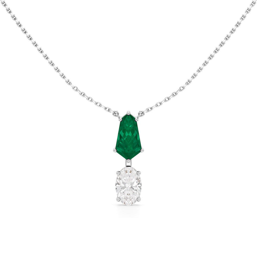 Esmeria Emerald & Oval Diamond Drop Pendant Necklace