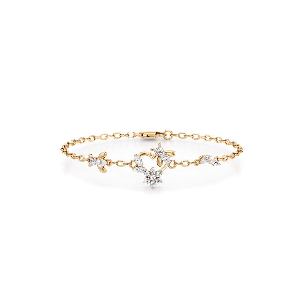 925 Sterling Silver 18K Gold Vermeil Floral Heart Bracelet with Lab Grown Diamonds  7 Inch