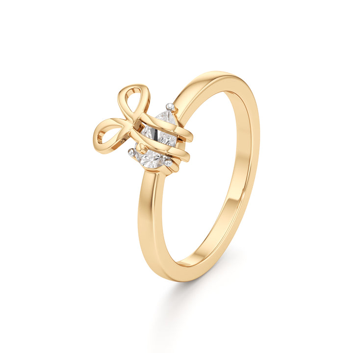 Whimsical Pear-Cut 925 Silver 18k Gold Plated Artisan Bow Statement Ring