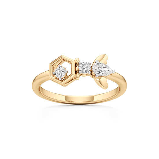 Geometric Bee and Hexagon 925 Silver 18k Gold Plated Artisan Statement Ring