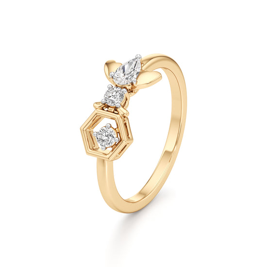 Geometric Bee and Hexagon 925 Silver 18k Gold Plated Artisan Statement Ring