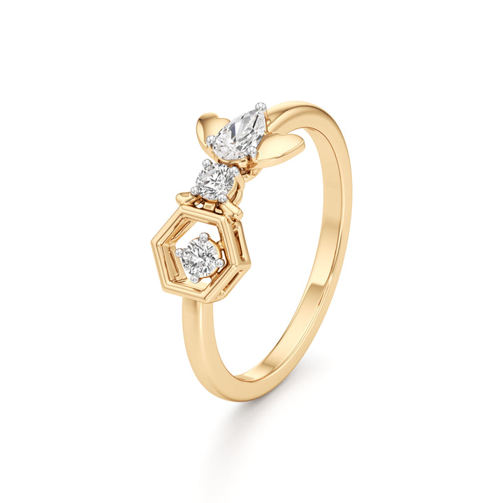 Geometric Bee and Hexagon 925 Silver 18k Gold Plated Artisan Statement Ring