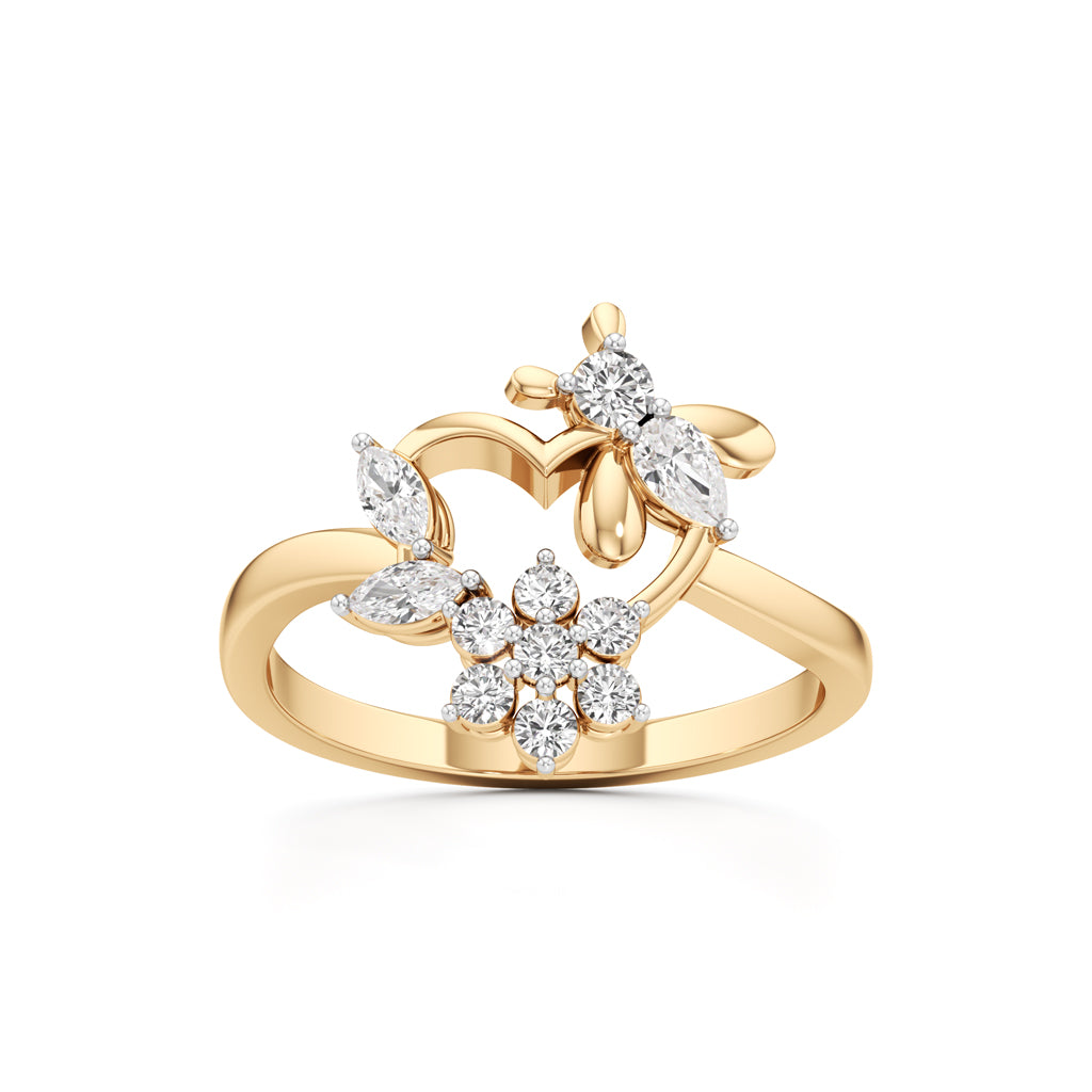 Botanical Heart & Floral Cluster 925 Silver 18k Gold Plated Artisan Statement Ring