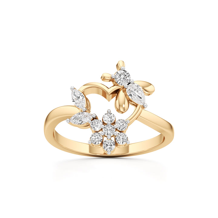Botanical Heart & Floral Cluster 925 Silver 18k Gold Plated Artisan Statement Ring
