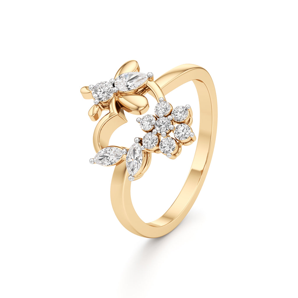 Botanical Heart & Floral Cluster 925 Silver 18k Gold Plated Artisan Statement Ring