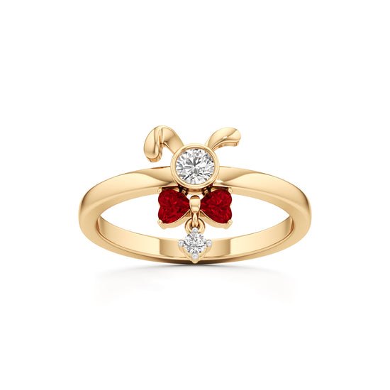 Whimsical Ruby Heart Bow & Bunny 925 Silver 18k Gold Plated Artisan Dangle Ring