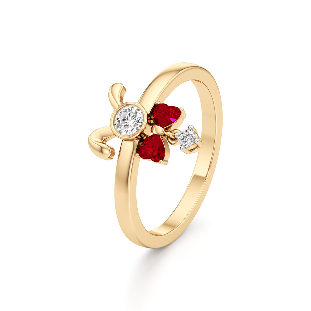 Whimsical Ruby Heart Bow & Bunny 925 Silver 18k Gold Plated Artisan Dangle Ring
