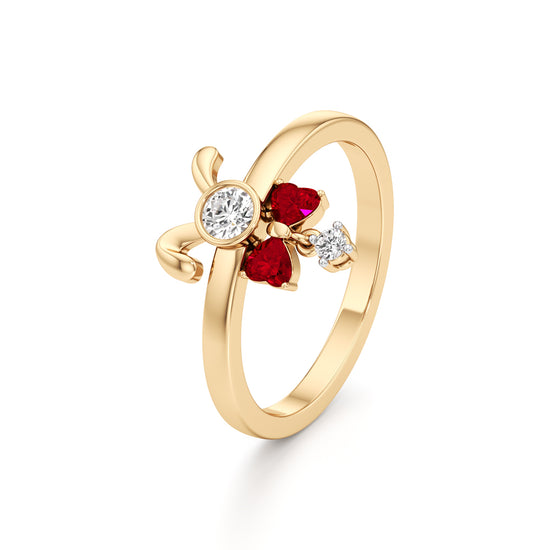 Whimsical Ruby Heart Bow & Bunny 925 Silver 18k Gold Plated Artisan Dangle Ring