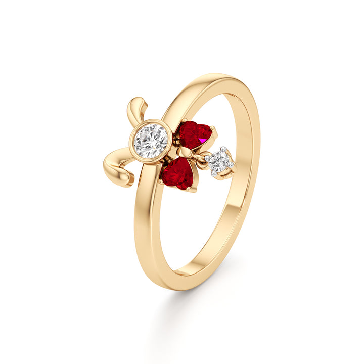 Whimsical Ruby Heart Bow & Bunny 925 Silver 18k Gold Plated Artisan Dangle Ring