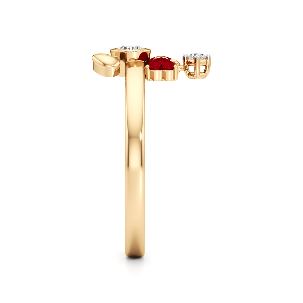 Whimsical Ruby Heart Bow & Bunny 925 Silver 18k Gold Plated Artisan Dangle Ring