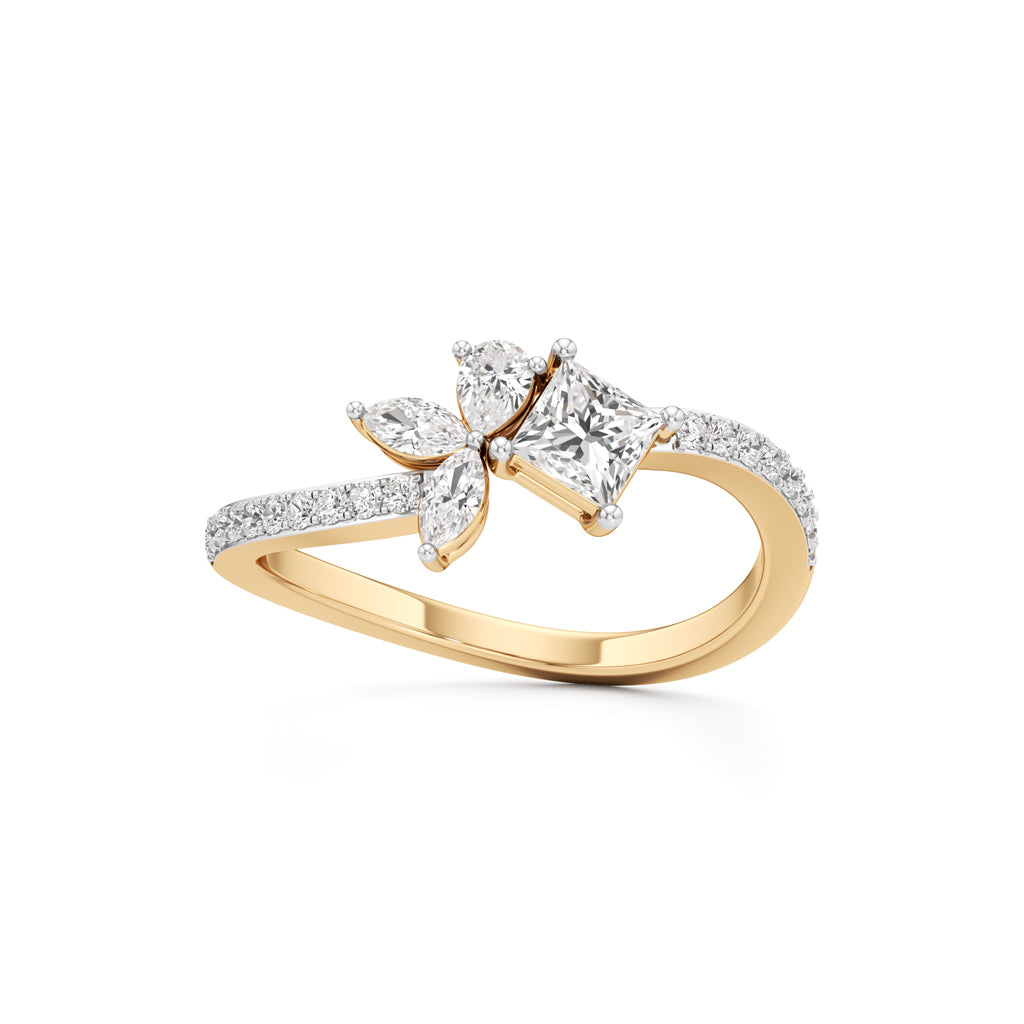 Artisan Princess & Marquise Floral 925 Silver 18k Gold Plated Twisted Bypass Ring