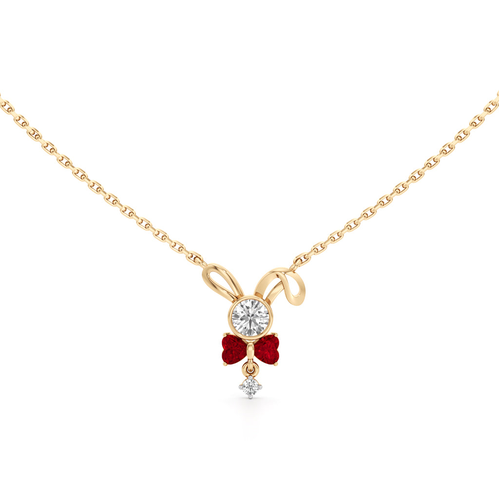 925 Silver 18k Gold Plated Ruby Red Bow Bunny Pendant