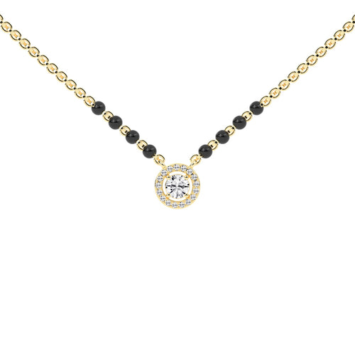 Classic 925 Silver  18k Gold Vermeil Halo Solitaire Mangalsutra Necklace with Black Beads
